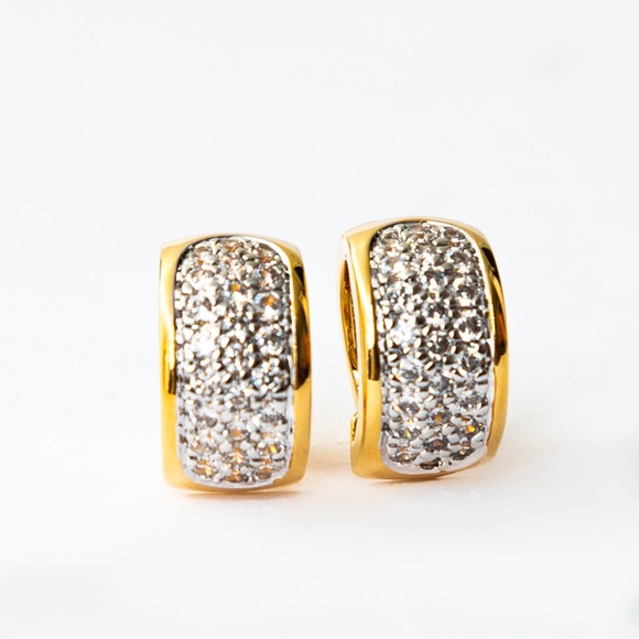 Quiet luxury huggie hoop gold tone earrings pave CZ minimalist by Brilliante - Picture 12 of 16